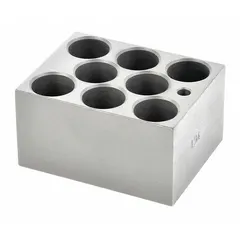 Dry bath block made of anodized aluminum for even heat transfer. Features 8 wells with 45 mm depth and includes a thermometer well for temperature monitoring. Overall dimensions: 3 3/4 in length by 3 in width. Used in laboratory heating blocks for sample incubation, enzyme reactions, and molecular biology protocols.