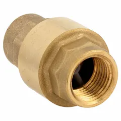 This brass inline disc check valve features a 1/2 inch pipe size with FNPT x FNPT female NPT connections. It is used to prevent backflow in piping systems, protecting pumps and equipment from reverse flow damage. The inline body design allows for compact installation in tight spaces.