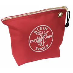 This canvas flat zippered tool bag is sized 10 inches wide by 3.5 inches deep by 8 inches high. It has no inside pockets and includes one bag. The red canvas construction provides a portable storage solution for carrying hand tools, test instruments, and small parts on job sites.