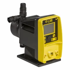 Compact solenoid-driven diaphragm metering pump with PVDF head, PTFE diaphragm, and ceramic check balls. Operates at 115/230V AC with ±3.0% reproducibility. Includes tank level input control program. Features Polyprel seals and PVDF fittings. Suitable for precise chemical dosing in water treatment and industrial processing.