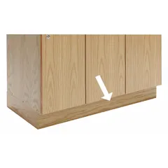 This full pedestal base is constructed from furniture-grade plywood with a Red Oak veneer and lacquer finish. It measures 45 in wide, 18 in deep, and 4 in high, with a 45 in footplate width. Designed as a foundation component for standard locker installations in settings such as schools, gyms, and industrial changing rooms.