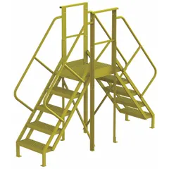 This steel crossover bridge features a perforated yellow tread and five steps. Designed for safe crossing over obstacles in industrial environments, it supports a load capacity of 1000 lb.