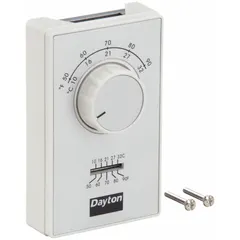 Single-stage heat-only thermostat with exposed dial and SPST switch (open on rise). Controls electric heating systems such as baseboard heaters or fan-forced heaters. Temperature range 50° to 90°F, voltage 120 to 277V AC.