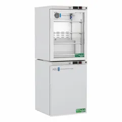 General purpose lab refrigerator-freezer with 5.2 cu ft refrigerator capacity and manual defrost freezer compartment. Features a swing solid door for access. Used for storing temperature-sensitive reagents, samples, and media in laboratory settings.