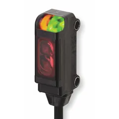 Rectangular photoelectric sensor with non-terminated cable, 2 m length. Operates on 12-24V DC with NPN output. Used for object detection, presence sensing, and positioning in industrial automation, packaging, material handling, and assembly equipment.