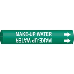 Green pipe marker with white legend identifying 'Make Up Water' lines. Fits pipe outer diameters from 1-1/2 to 2-3/8 inches. Includes directional arrows. Used in industrial piping systems to label water supply pipes for safety and identification.