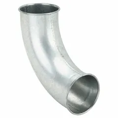 Steel elbow with 90° angle for 5-inch duct diameter. Features a 5-inch outlet and 11 3/8-inch overall length. Used in ventilation, dust collection, and exhaust systems to redirect airflow.