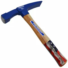 Steel bricklayer's hammer with a 24 oz head and 1 in face diameter. Perpendicular striking face for cutting and shaping brick, block, and stone. Wood handle reduces vibration. Overall length 11 in.