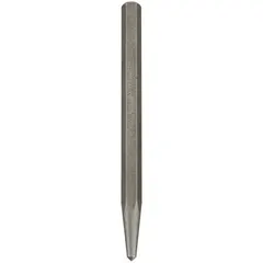 This center punch is designed to create a precise starting dimple on metal or other materials before drilling, preventing drill bit wander. It features a hexagon body with a plain grip, a 1 in taper length, and a 5/32 in tip size. Overall length is 4-1/2 in. Carded for retail display.
