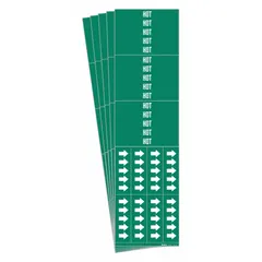 Green adhesive pipe markers with white 'Hot' legend and directional arrows. Designed for pipes with an outside diameter of 3/4 inch and smaller. Each pack contains 5 markers. Used to identify hot pipes in industrial facilities, helping personnel recognize high-temperature lines.