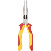 Insulated needle-nose pliers with serrated jaws and integrated cutter. Overall length 8 in, jaw length 2 3/4 in, max jaw opening 3 1/8 in. Designed for precision gripping, bending, and cutting wire in electrical work