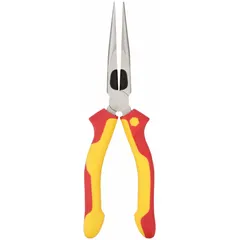 Insulated needle-nose pliers with serrated jaws and integrated cutter. Overall length 8 in, jaw length 2 3/4 in, max jaw opening 3 1/8 in. Designed for precision gripping, bending, and cutting wire in electrical work.