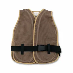 This compressed-air-cooled vest uses a Vortex Cooler to reduce incoming air temperature by 25°F. It exchanges air seven times per minute and consumes 10 cfm, providing continuous cooling. The vest connects via a male Snap Tite coupler and is secured with a buckle closure. Suitable for use in hot industrial environments where a portable cooling solution is needed.