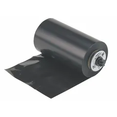 Black wax/resin single-color printer ribbon for industrial label printing. Chemical-resistant and RoHS compliant. Designed for use with Brady i5100 printer. Suitable for asset tracking, safety signage, and component identification in manufacturing and maintenance environments.