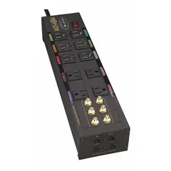 General purpose surge protector with 10 outlets, 8 ft power cord, and 5-15P plug. Provides 3840 joule surge energy rating and 12 amp current capacity. Keyhole mounting allows secure attachment to walls or racks. Suitable for protecting electronics in office, server room, or home entertainment environments.