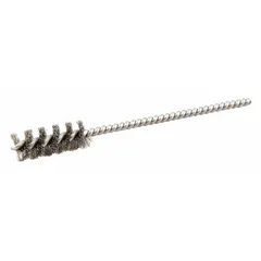 This single-stem brush is designed for cleaning blind holes in carbon steel components. It removes debris, burrs, and contaminants from the inside of tubes and holes. Specifications: 3/8 in diameter, 0.004 in fill diameter, carbon steel construction.