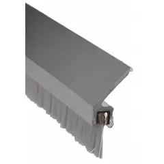 This metal leaf weatherstripping seals gaps around doors to block drafts, dust, and pests. It features an aluminum flange and a nylon insert, providing a flexible barrier for commercial and industrial doorways.