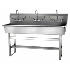 This three-station freestanding wash station is constructed from 16-gauge material and includes faucets. It features a 57-inch bowl length, 8-inch bowl depth, and a flow rate of 0.5 gpm per station. Side splash is not included. Suitable for commercial handwashing in settings where multiple users require simultaneous access.