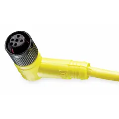 Single-ended cordset with a yellow PVC jacket for flexing applications. Features an M12 female right-angle connector on one end and bare wire on the other. Rated IP67 and NEMA 6P, with 4 pins, 22 AWG wire, 2 m cable length, and 4 A maximum current. Suitable for connecting sensors, actuators, and industrial devices in automation, packaging, and material handling systems.