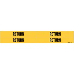 These adhesive pipe markers feature a yellow background with black 'Return' legend for clear identification of return piping in HVAC, process, and industrial systems. Each marker fits pipe outer diameters from 3/4 to 2-3/8 inches. Supplied in packs of 4 without directional arrows.