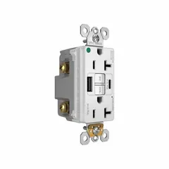 Duplex hospital-grade receptacle with two USB Type A/C charging ports. Rated 125V AC, 20A, 5-20R configuration with GFCI protection. White finish. Suitable for healthcare facilities requiring GFCI-protected outlets for powering medical equipment and charging devices.