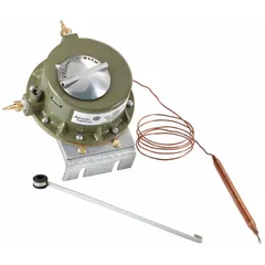 Pneumatic thermostat with remote-bulb sensor for dual-temperature control in HVAC systems. Temperature range 60° to 150°F. Direct action at 15 psig, reverse action at 20 psig. 2-pipe high-volume air flow output. Vertical mounting, includes cover, 42-inch capillary length.