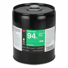 3M Hi-Strength 94ET is a clear spray adhesive for woodworking and carpentry, supplied in a 5-gallon pail. It bonds rubber, paper, and wood with a pebble spray pattern, is Greenguard Certified, and is designed for interior use in woodworking and specialty vehicle applications.