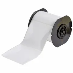 Thermal transfer precut label roll with acrylic permanent adhesive, halogen-free material. Contains 450 labels, each 4 in x 4 in. Compatible with BBP33 printer series. Suitable for industrial identification, cable marking, and asset labeling.