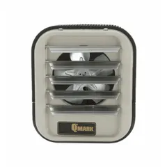 Suspended unit heater for wall or ceiling mounting in commercial and industrial spaces. Operates at 208 V, single or three-phase. Includes a 24 VAC transformer and single-stage thermostat. Dimensions: 19 in H x 21.75 in W x 7.5 in D.