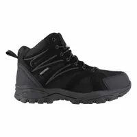 Men's size 8, medium-width, black hiker-style work boot with composite toe cap and removable insole. Features waterproof, oil-resisting, chemical-resisting, and metal chip-resisting sole. Completely non-metallic and electrical hazard rated. Lace-up closure with cemented construction and round toe shape