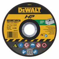 DEWALT DW8072 is a Type 1 cut-off wheel designed for cutting concrete and masonry materials. It features a silicon carbide abrasive with 60 grit, providing efficient cutting on brick, block, and stone. The wheel measures 4-1/2 inches in diameter, 0.045 inches thick, with a 7/8-inch arbor hole, and is part of the C60T series