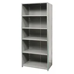 This HALLOWELL medium-duty standalone closed metal shelving unit is constructed with a steel frame and steel shelves in a gray finish. It measures 48 inches wide by 18 inches deep with an overall height of 84 inches and includes six shelves. The unit is unassembled and designed for organizing tools, parts, boxes, and inventory in warehouses, factories, and commercial facilities without requiring wall attachment.