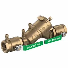 Double check backflow preventer with 1 1/4 in pipe size and MNPT x MNPT connections. Features ball valve shut-off type and overall length of 15.25 in. Used to prevent reverse flow in potable water systems due to backpressure or backsiphonage, suitable for cross-connection control in commercial and industrial plumbing.
