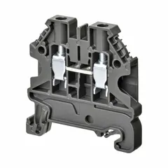 DIN rail mount pass-through terminal block with screw-on wire termination for two wires. Rated 20 A, accepts minimum 26 AWG. Used for connecting and distributing wires in control panels and junction boxes.