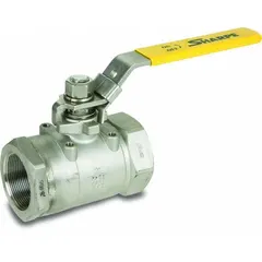 This SHARPE manual two-way ball valve features a 3/4 in stainless steel straight valve body with FNPT x FNPT connections and a PTFE seal. The locking lever handle provides secure on/off flow control. Suitable for use in industrial piping systems handling corrosive or high-purity fluids.