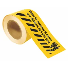 Polyester floor marking tape with black message on yellow background. Message reads 'Favor de mantener al menos una distancia de 6 pies (2m)' for social distancing guidance. Suitable for marking floors in industrial and commercial facilities to indicate spacing requirements.
