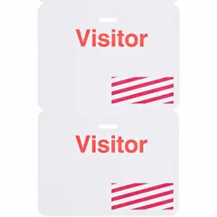 Paper clip-on badge with white background and red legend. Each badge measures 3 inches in height and 4 inches in width. Supplied in a 500-pack for temporary visitor identification and access control in facilities.