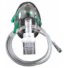 This nebulizer converts liquid medication into a fine mist for inhalation. It has a 6 mL capacity and includes a mask. Overall dimensions are 20 inches in length and 15 inches in width.