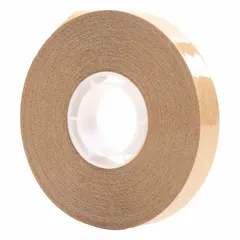 3M 987 is a reverse-wound adhesive transfer tape with a permanent acrylic adhesive on a kraft paper liner. The tape is 3/4 in wide, 36 yd long, and 1.7 mil thick, with a transparent appearance. It is used for permanent bonding applications such as industrial assembly, splicing, and mounting where a thin, clear adhesive layer is required.