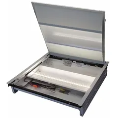 This LED center-basket troffer retrofit kit is designed to replace existing 2 ft x 2 ft grid fixtures with (2) T8 lamps. It delivers 2000 lumens at 4000K color temperature, consumes 19 watts, and operates on 120/277V AC. The white housing allows for a clean installation in commercial ceiling grids.
