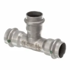 This press tee fitting is used to create a branch connection in potable water piping systems. It is made of stainless steel with a rubber seal and is designed for 3/4 in CTS copper tube size. Suitable for residential and commercial plumbing applications.