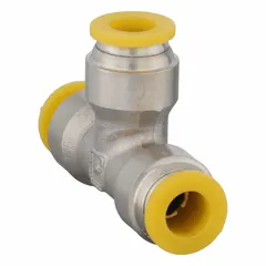 This nickel-plated brass tube fitting is a tee configuration with three 6 mm OD connections and an overall length of 20 15/32 mm. It is used to branch or combine tubing in pneumatic or fluid systems, such as compressed air, water, or low-pressure hydraulic circuits.