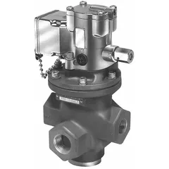 Two-way, two-position, normally closed, spring-return inline valve from the Parker N Series. Single solenoid with internal pilot and locking manual override. 120V AC coil. 1 in female NPT connection. Used to start, stop, or divert compressed air flow in pneumatic circuits.