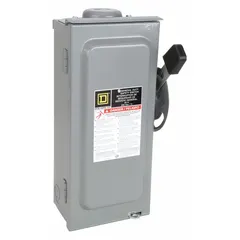 This SQUARE D fusible safety switch is rated for 60 A, three-phase, 240V AC. The galvanized steel enclosure is suitable for indoor and outdoor use. It serves as a disconnecting means for electrical circuits, providing overcurrent protection for three-phase equipment in industrial and commercial applications.