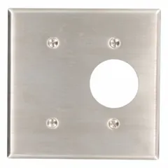 This LEVITON combination wall plate is designed for 2-gang configurations in standard-size openings. Constructed from stainless steel with a silver finish, it provides corrosion resistance for indoor commercial or industrial electrical installations.