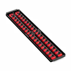 Plastic socket rail with 36 posts/slots for organizing sockets in workshops, garages, and industrial tool rooms. Overall width of 3-5/8 inches. Includes I.D. stickers for labeling. Color: Red.