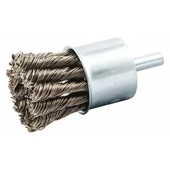 Twisted stainless steel end brush for heavy cleaning on stainless steel surfaces. Removes weld scale, rust, and oxidation without contamination. Diameter 1 in, fill diameter 0.02 in, shank 1/4 in. Suitable for metal fabrication, finishing, and maintenance tasks.