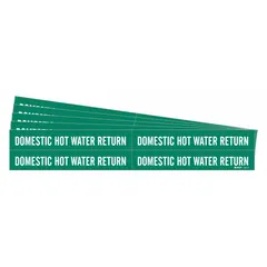 Green adhesive pipe marker with white legend reading 'Domestic Hot Water Return'. Fits pipe outer diameters from 3/4 to 2-3/8 inches. Supplied without arrows in a 5-pack. Used for identifying return lines in hot water piping systems in commercial and industrial facilities.