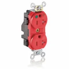 Specification grade, hospital grade duplex receptacle rated 125V AC, 20A, NEMA 5-20R, 2-pole/3-wire. Red housing. Suitable for use in healthcare facilities, laboratories, and other critical environments requiring isolated ground and reliable grounding.