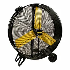 Mobile floor fan with 30-inch steel blade, 1/3 hp direct-drive motor, and 120V AC power. Suitable for general air circulation in industrial spaces such as warehouses, factories, and workshops to ventilate and cool work areas.